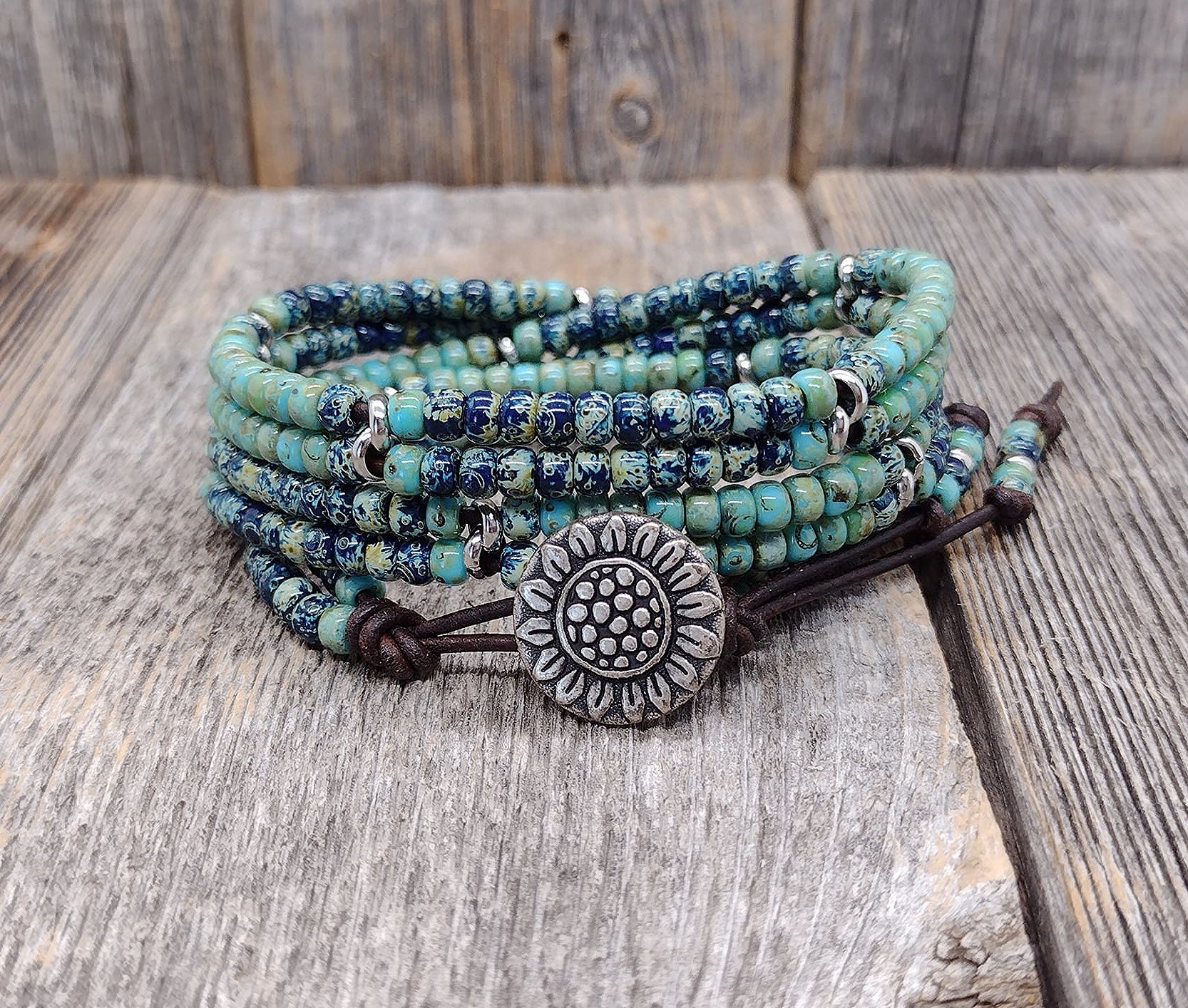 African Turquoise & Picasso Seed Bead TRIPLE Leather Wrap Bracelet