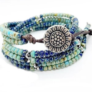 Turquoise Beaded Leather Wrap Bracelet/ Triple Wrap Bracelet/ Women's Leather Bracelet/ Sunflower Bracelet/ Boho Jewelry.