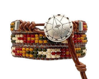 Boho Beaded Leather Wrap Bracelet/  Women Beaded Bracelets/ Southwestern Style Bracelets For Men/ Womens Jewelry.