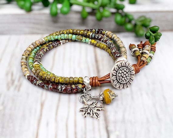 Womens Leather Wrap Bracelet/ Sunflower/ Boho Jewelry/ Sunflower