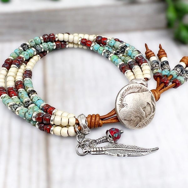 Native American Style Bracelet For Women/ Indian Jewelry/  Leather Bracelets For Men/ Beaded Wrap Bracelet/ Four Strand Bracelet*