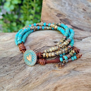 Four Strand Bracelet With Turquoise And Late Seed Beads, Heart Button Closure