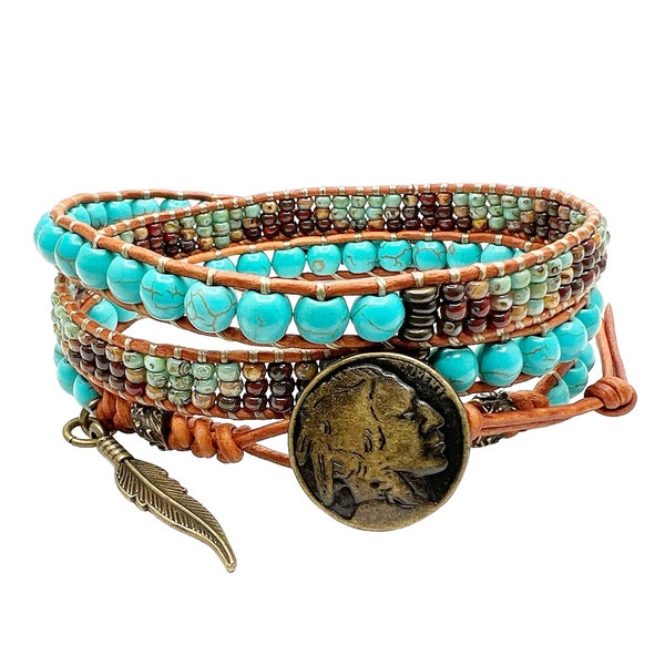 Turquoise Bracelet/ Native American Style Bracelets For Men/ Beaded Bracelets/ Bracelets For Women/ Boho Jewelry/ Leather Wrap Bracelet.