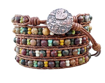 Gemstone Jewelry For Women/ Beaded Leather Bracelet/ Boho Jewelry/ Beaded Wrap Around Bracelet.