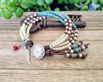 Bohemian Southwestern Beaded Leather Wrap Bracelet with Indian Head Charm, Handmade Western Style Jewelry for Women and Men