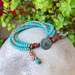 Four Strand Wrap Bracelet With Picasso Seed Beads And Heart Button, Boho Gifts For Women