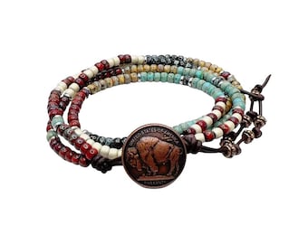 Boho Beaded Leather Bracelets For Women: Mens Jewelry, Double Wrap, Picasso Seed Beads  **