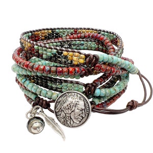 Toho Style Beaded wrap bracelet using Dark Brown Leather Turquoise Beads and An  Indian Head Button Closure.