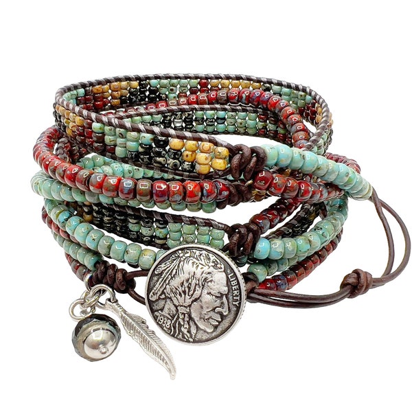 Toho Style Beaded wrap bracelet using Dark Brown Leather Turquoise Beads and An  Indian Head Button Closure.