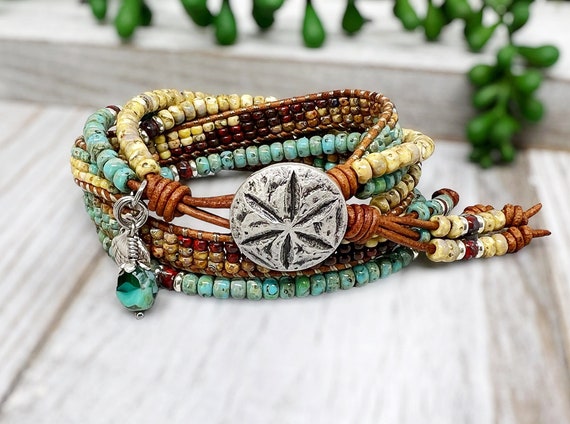 Boho Style Natural Stone Beads Multilayer Leather Rope Wrap - Temu