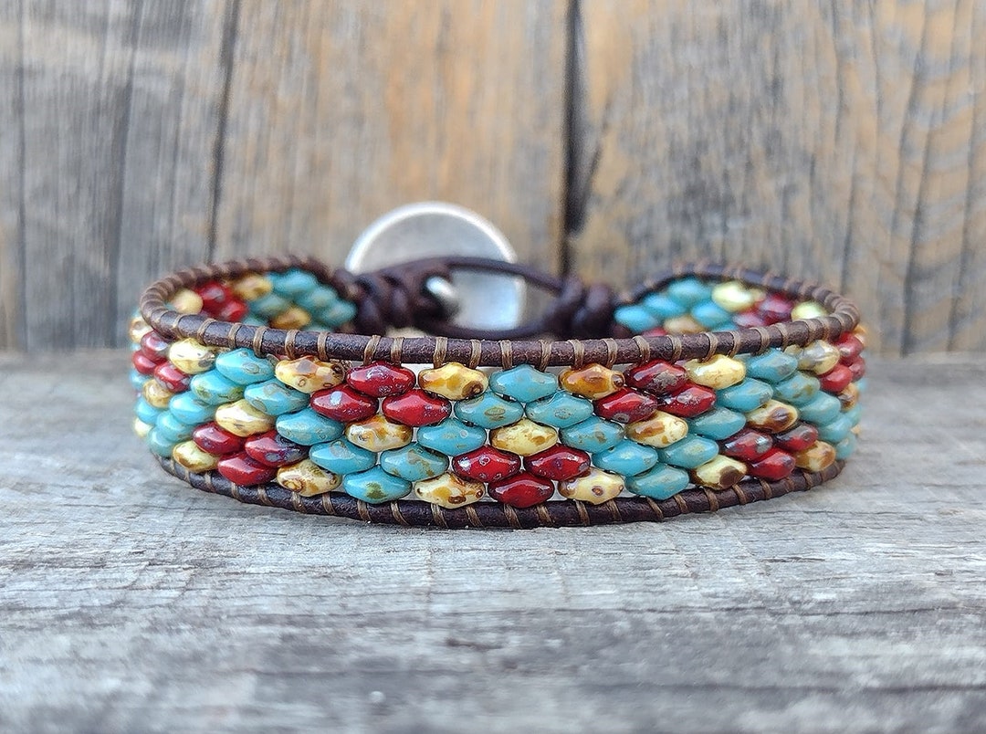 Beaded Leather Wrap Bracelet/ Superduo Leather Bracelets for Etsy