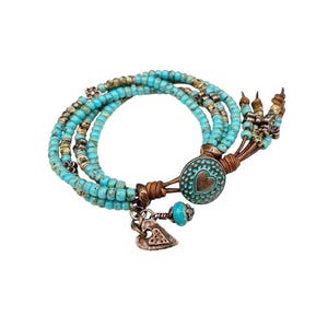 Boho Leather Wrap Bracelet for Women, Turquoise Seed Bead & Heart Beaded Multi-Strand Leather Jewelry "