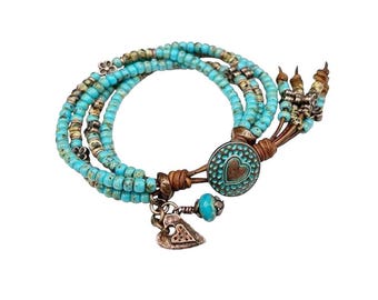 Boho Leather Wrap Bracelet for Women, Turquoise Seed Bead & Heart Beaded Multi-Strand Leather Jewelry "