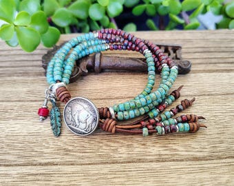 Beaded Leather Wrap Bracelet: Indian Head Nickel, Turquoise Boho Jewelry
