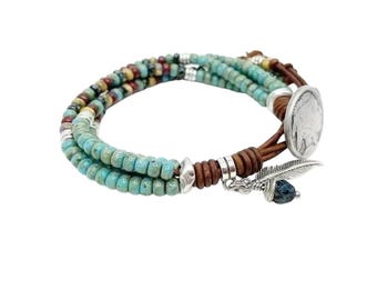 Beaded Leather Wrap Bracelet: Native American Style Indian Head Nickel