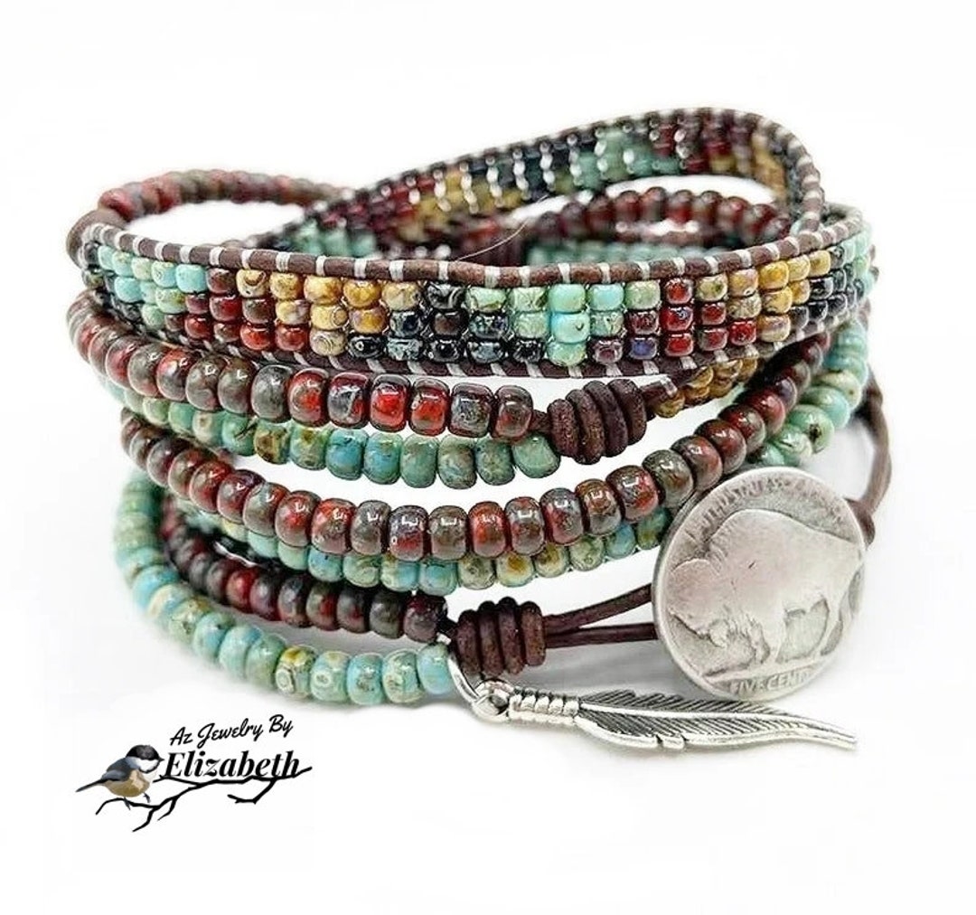 Native american on sale leather beaded bracelets