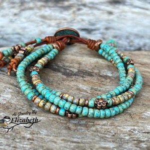 Boho Leather Wrap Bracelet for Women/ Turquoise Seed Bead - Etsy