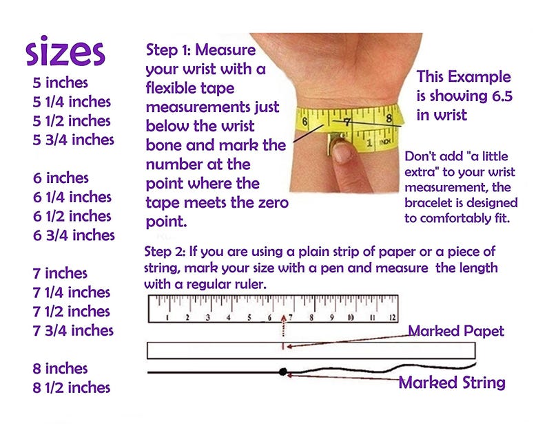 Op de afbeelding: Een instructieve afbeelding met de titel sizes, met afmetingen van 5 tot 8 1/2 inch. Het toont een geel flexibel meetlint rond een pols op 6,5 inch en een liniaal die een strook papier en een touwtje met gemarkeerde punten opmeet.