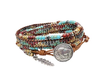 Boho Beaded Leather Wrap Bracelet: Indian Head Nickel Charm