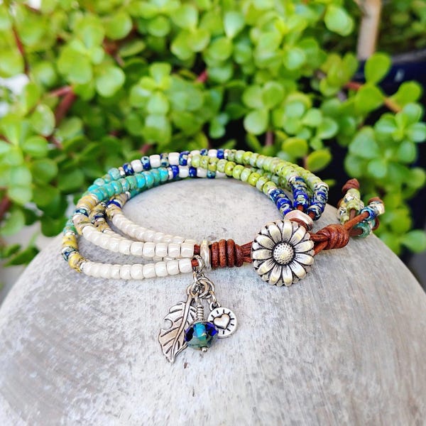 Four Strand Seed Bead Wrap Bracelet -  Daisy Leather Bracelet -  Boho Jewelry For Women