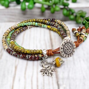 Womens Leather Wrap Bracelet/ sunflower/ Boho Jewelry/ Sunflower Leather Bracelet/ Four Strand Seed Bead Bracelets for Women/ Gift for Women