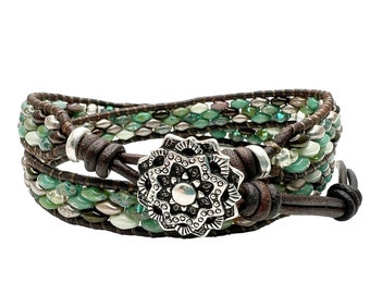 Superduo-mix  Beaded Leather Wrap Bracelet = Boho Jewelry For Women = Wrap Around Bracelets For Men.