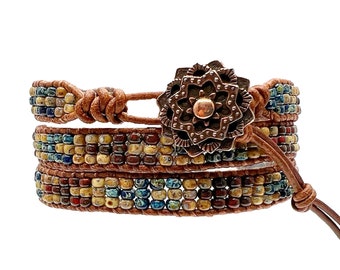 Leather And Seed Bead Bracelets For Men And Women/ Beaded Leather Wrap Bracelets/ Bojo Jewelry.