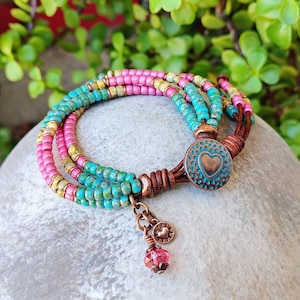 Seed Bead Bracelet, Four-Strand Leather Wrap With Pink And Turquoise