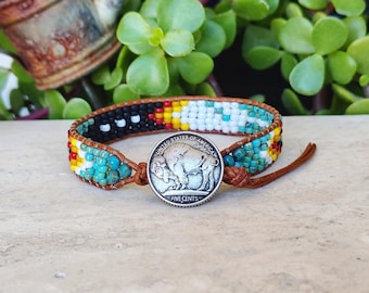 Southwestern Style Turquoise Seed Bead Leather Wrap Bracelet, Boho Woven Jewelry