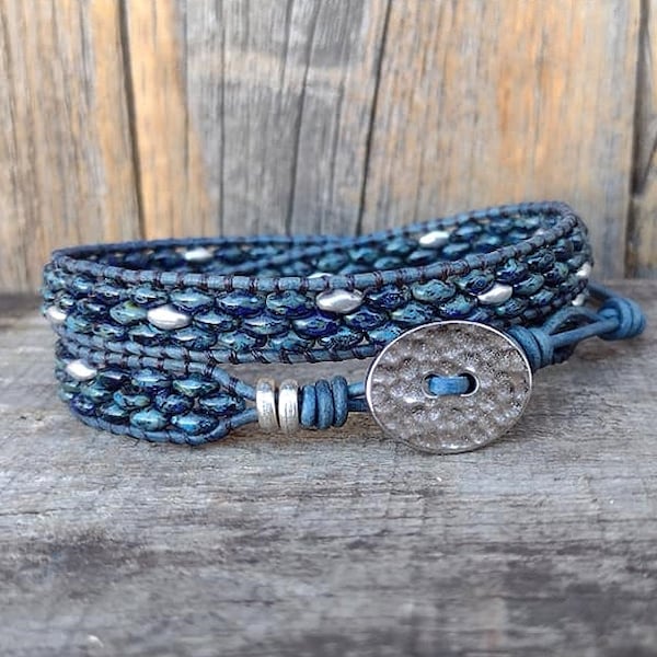 Beaded Leather Wrap Bracelet/ Superduo Bracelet/ Gift For Her/ Boho Jewelry For Women/ Leather Bracelets For Women/ Mens Bracelet.