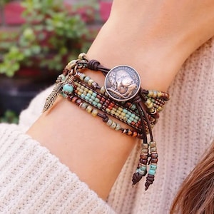 Beaded Leather Wrap Bracelet: Copper Buffalo Button, Boho Style