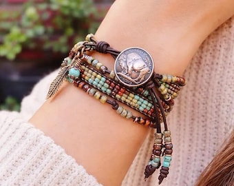 Beaded Leather Wrap Bracelet: Copper Buffalo Button, Boho Style
