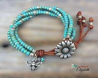 Mens Beaded Bracelet/ Turquoise Seed Bead Bracelets for Women