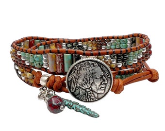 Handmade Double Wrap Brown Leather Bracelet with Picasso Beads - Native American Style Jewelry