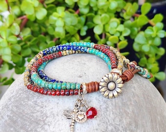 Four Strand Beaded Leather Wrap Bracelet For Women with Daisy Button Closure Boho Jewelry