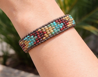 Beaded leather wrap bracelet: Handmade boho cuff jewelry *