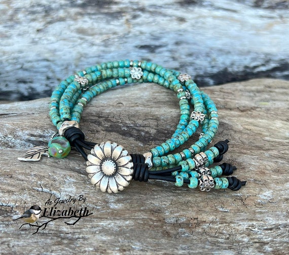 Seed Bead Leather Wrap Bracelet, Turquoise Seed Bead Bracelets, Beaded Bracelets for Women, Four Strand Bracelets, Boho Wrap Bracelets.