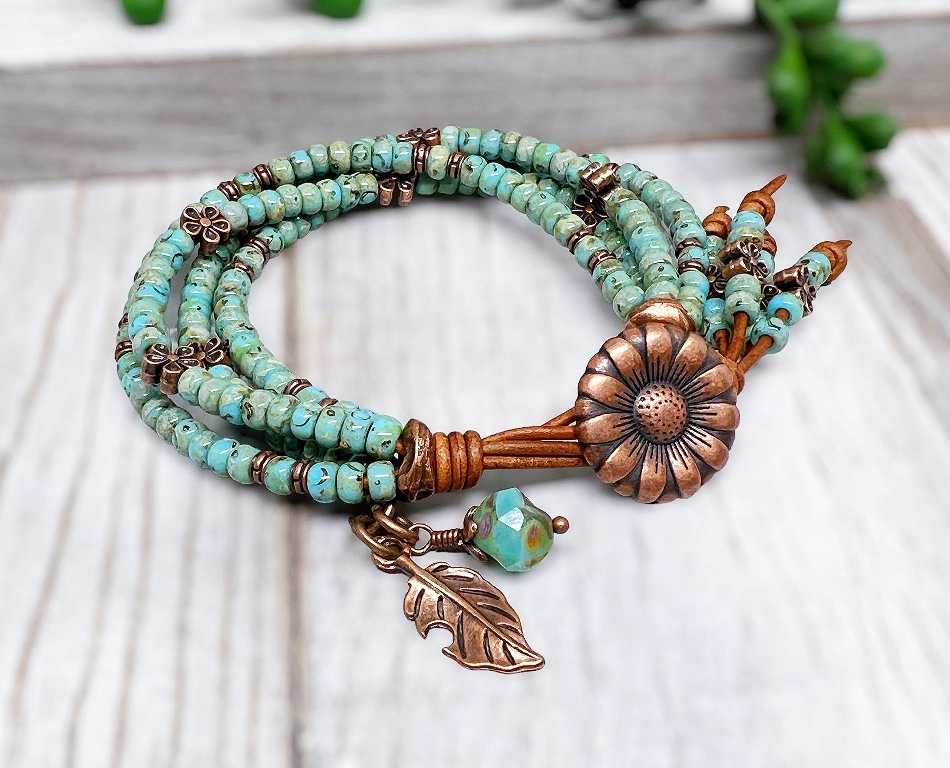 leather wrap bracelet kit, african turquoise beads, brown leather