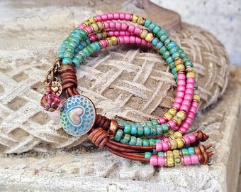 Four Strand Turquoise Seed Bead Wrap Bracelet: Boho Leather Jewelry For Her