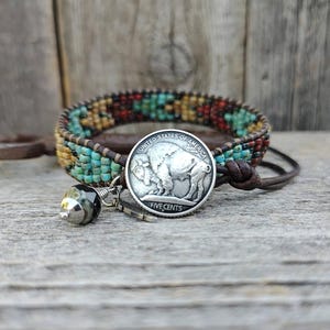 Beaded Leather Wrap Bracelet, Buffalo Nickel Button, Southwestern Boho Cuff