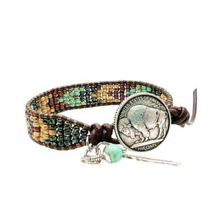 Single Wrap Bracelet, Beaded Leather Bracelets For Men, Picasso Seed Beads And Indian Head - Buffalo Button And Charms
