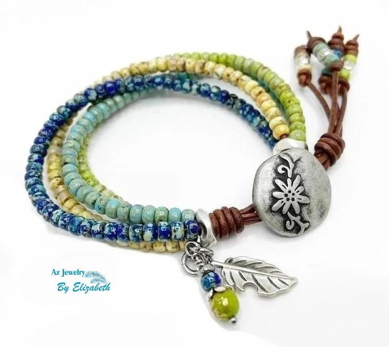 Four strand bracelet beaded leather wrap bracelets for women hibiscus button & picasso seed beads