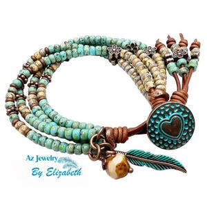 Boho Heart Bracelet: Beaded Leather Wrap with Picasso Seed Beads