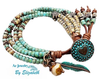 Turquoise Seed Bead Leather Wrap Bracelet: Boho Heart Closure