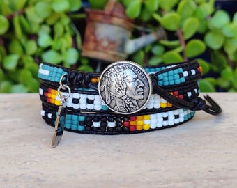 Native American-Inspired Beaded Wrap Bracelet for Men & Women, Black Leather with Seed Beads, Boho Western Style Jewelry