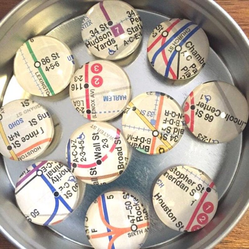 NYC Subway Map Magnets - Domed Glass Cabochons, Ceramic Fridge Magnets - Set of 12 image 2