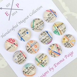 NYC Subway Map Magnets - Domed Glass Cabochons, Ceramic Fridge Magnets - Set of 12 image 1