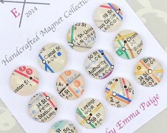 NYC Subway Map Magnets - Domed Glass Cabochons, Ceramic Fridge Magnets - Set of 12