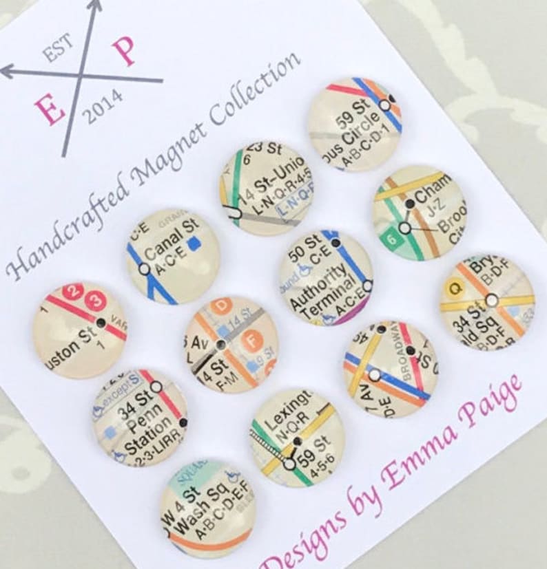 NYC Subway Map Magnets - Domed Glass Cabochons, Ceramic Fridge Magnets - Set of 12 image 1