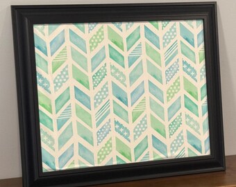 Turquoise Herringbone Bulletin Board: White or Black Wood Frame, Magnetic or Cork